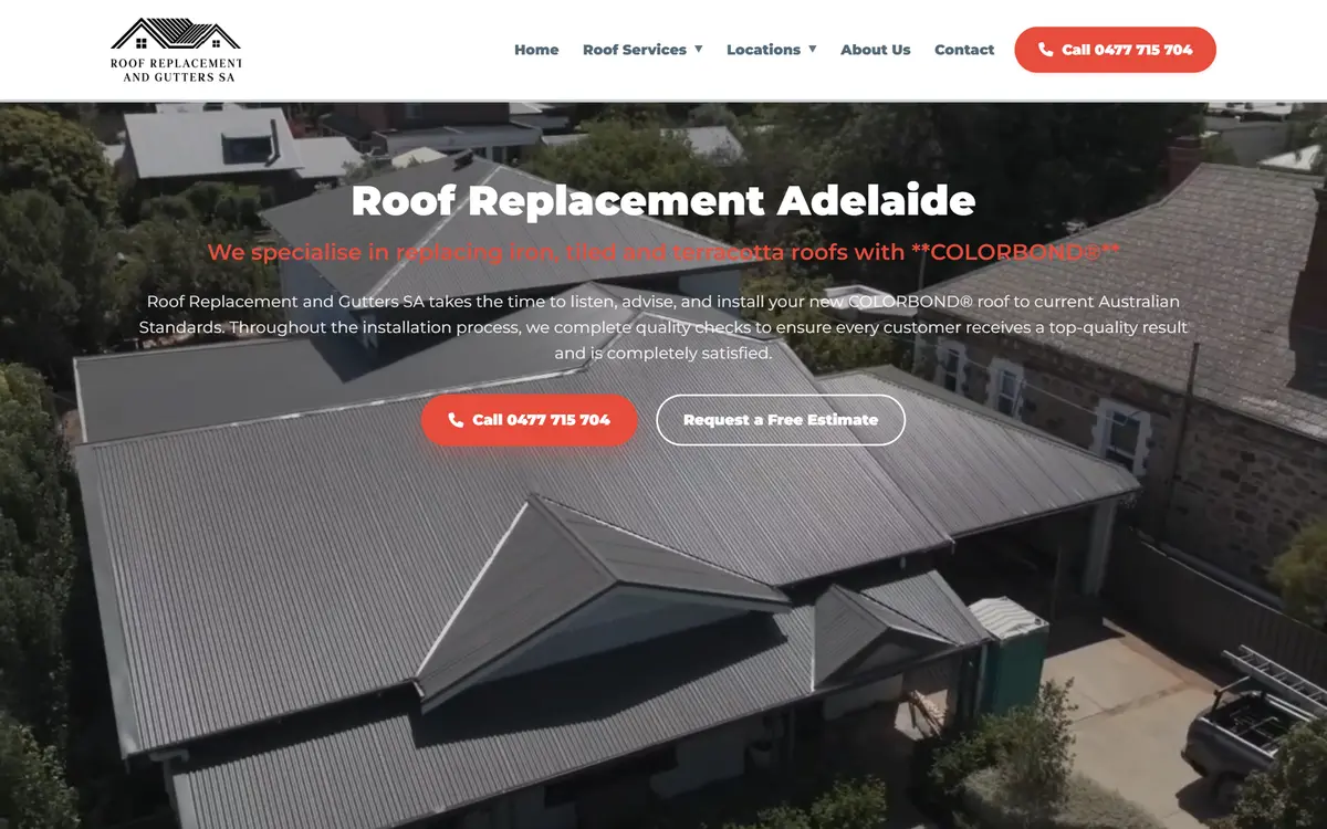 Roof Replacement & Gutters SA website, built by Web Construct