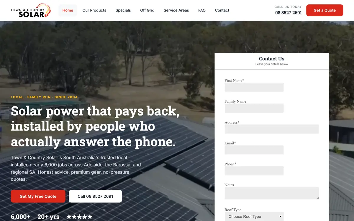 Town & Country Solar website, built by Web Construct